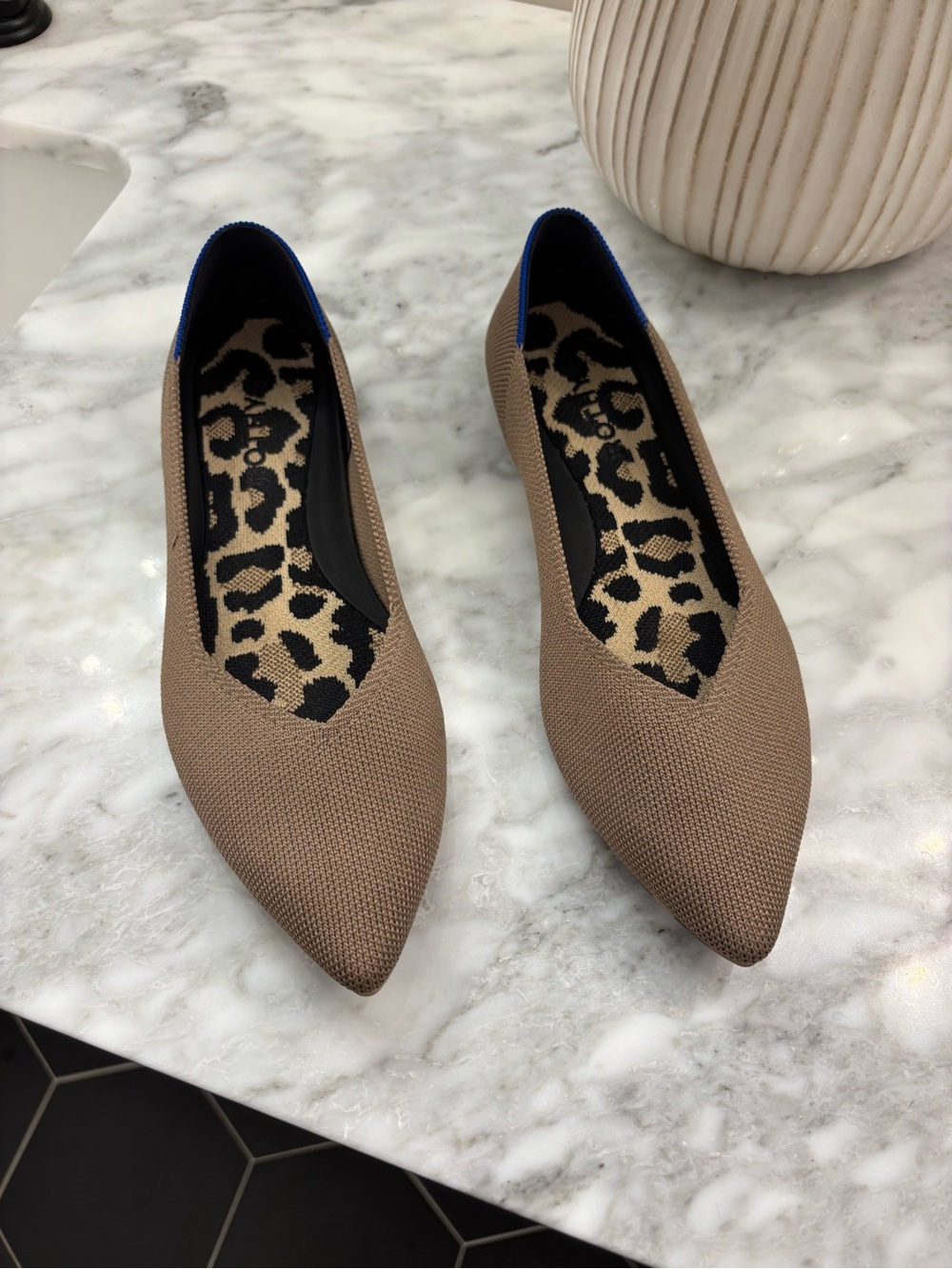 Rothy's Taupe Pointed Knit Flats with Leopard Insole